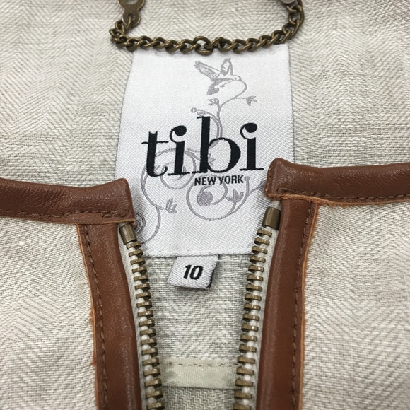 TIBI cropped linen/leather zip jacket peplum 10 - Picture 4 of 8